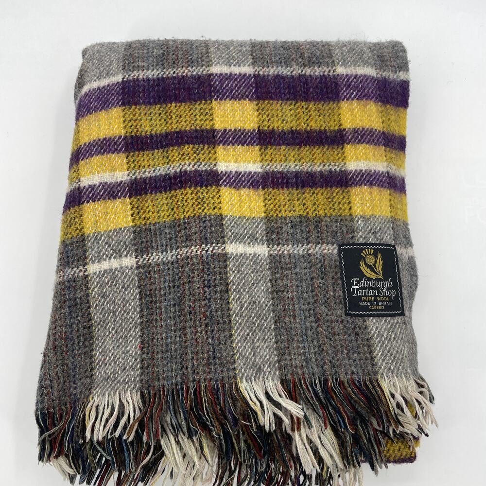 Edinburgh Tartan Shop Pure Wool Throw Stadium Blanket Plaid Fringe Yellow Purple